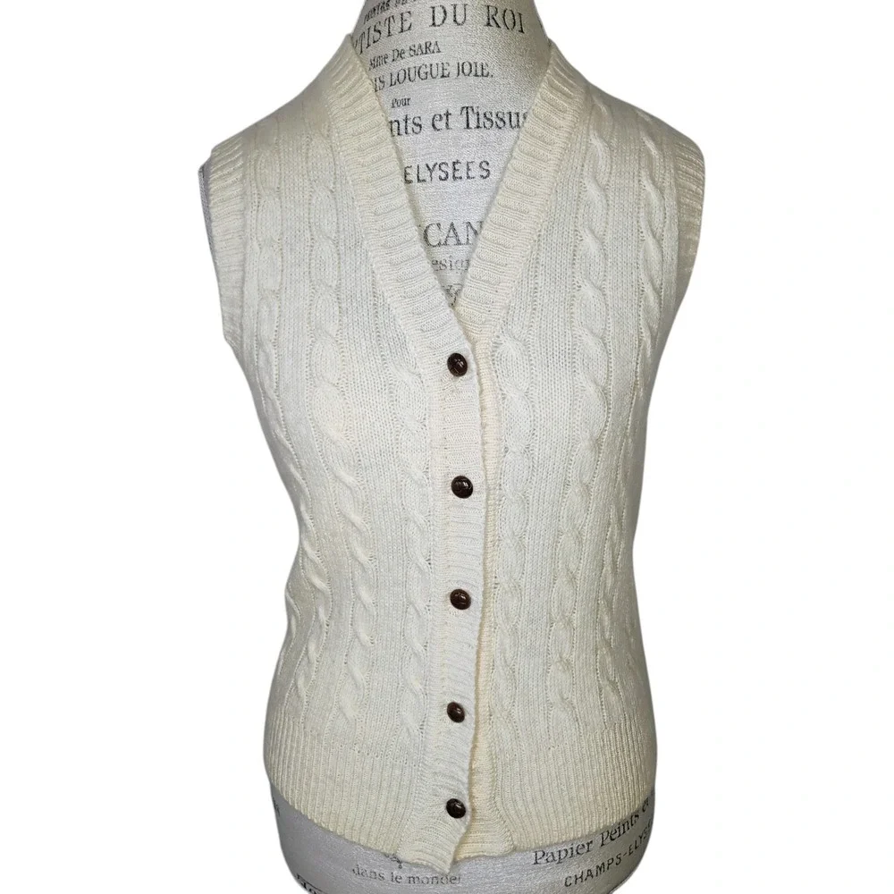Vtg De Mura Cable Knit Sweater Vest Womens Small Cream Wool Academia Preppy